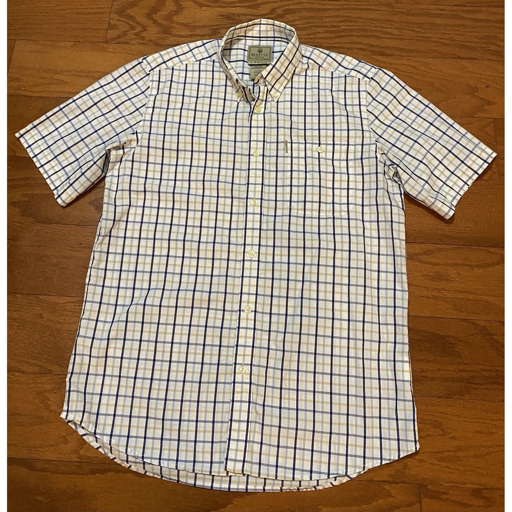 Beretta Shirt Mens Large Gold Blue White Button Down Short Sleeve Excellent Cond